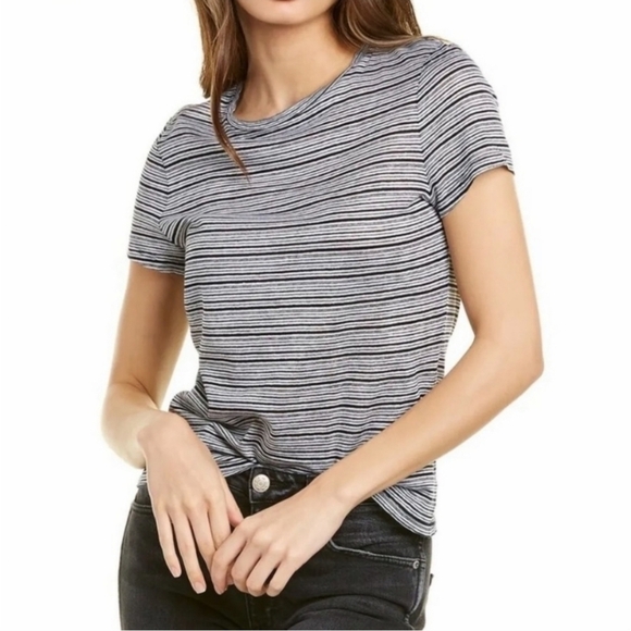 New Theory Tiny Tee 2 Striped Linen Jersey White/Deep Navy Tee K0423513 Medium - Picture 1 of 11